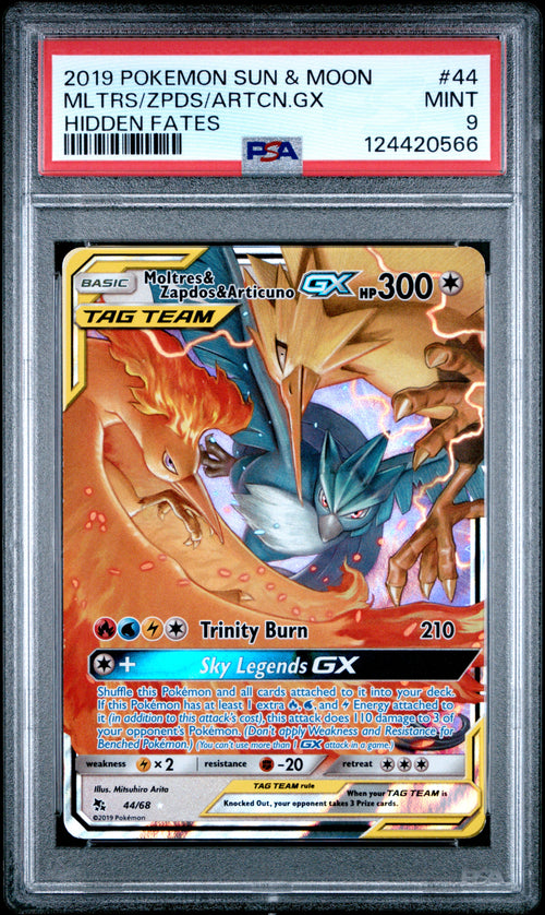 Moltres, Zapdos & Articuno gx #44 Hidden Fates Pokemon Sun & Moon 2019 PSA 9