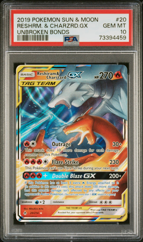 Reshrm. & Charzrd.gx #20 Unbroken Bonds Pokemon Sun & Moon 2019 PSA 10