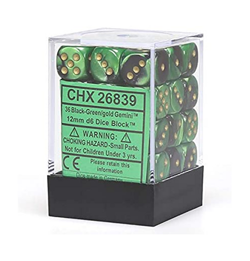 Gemini™ - 12mm d6 Black-Green w/gold Dice Block