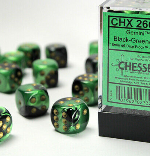 Gemini™ – d6 Black-Green w/gold Dice Block
