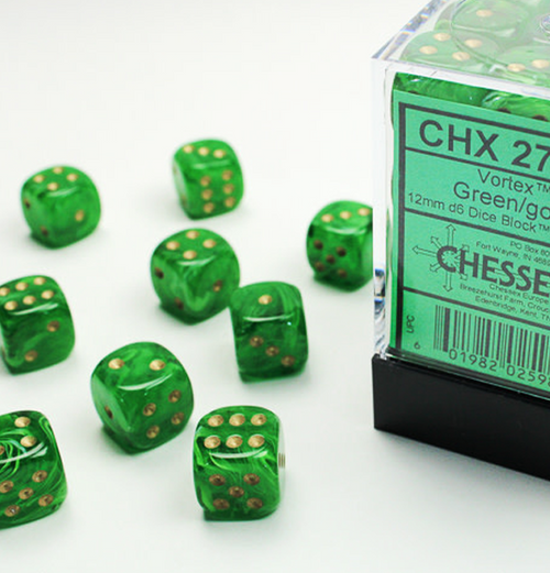 Vortex™ – 12mm d6 Green w/gold Dice Block™