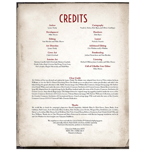 Call of Cthulhu RPG: The Children of Fear credits