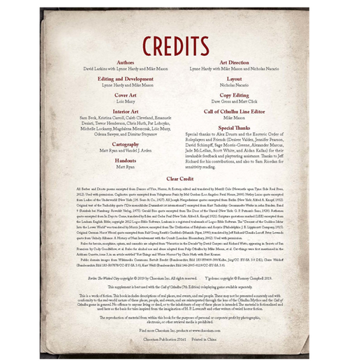 Call of Cthulhu RPG: Berlin - The Wicked City credits