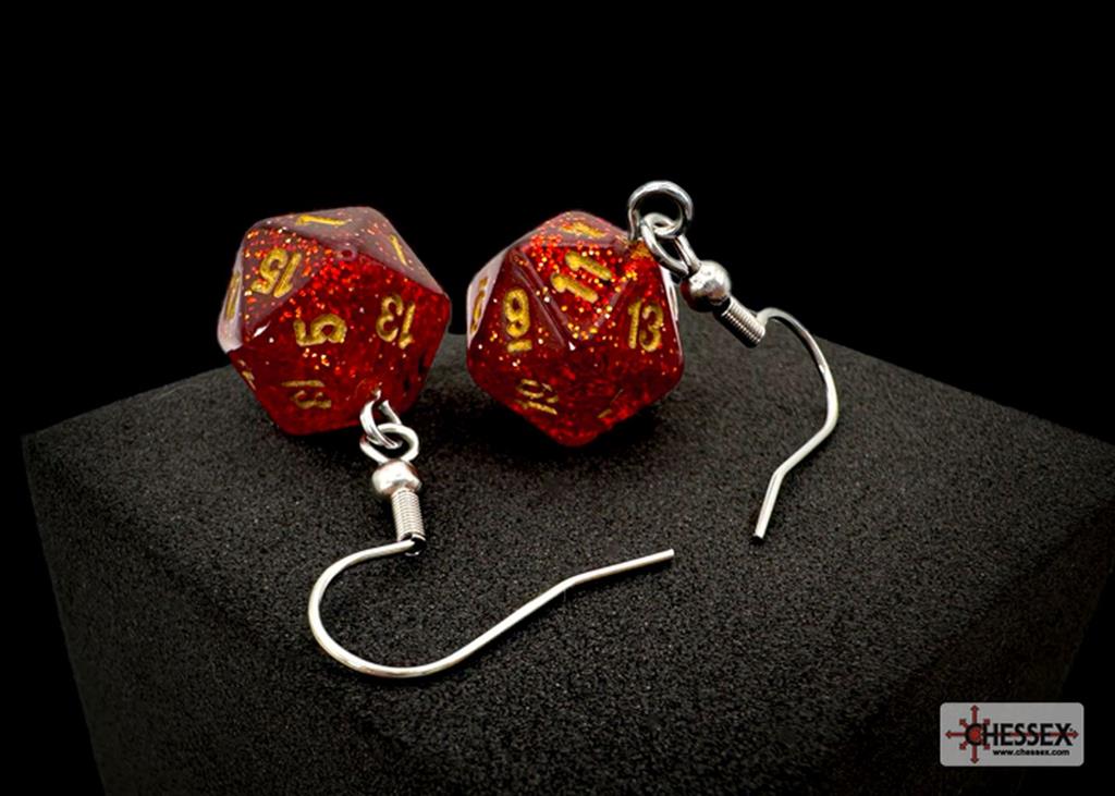 Chessex Hook Earrings Pair Glitter Ruby Mini D20