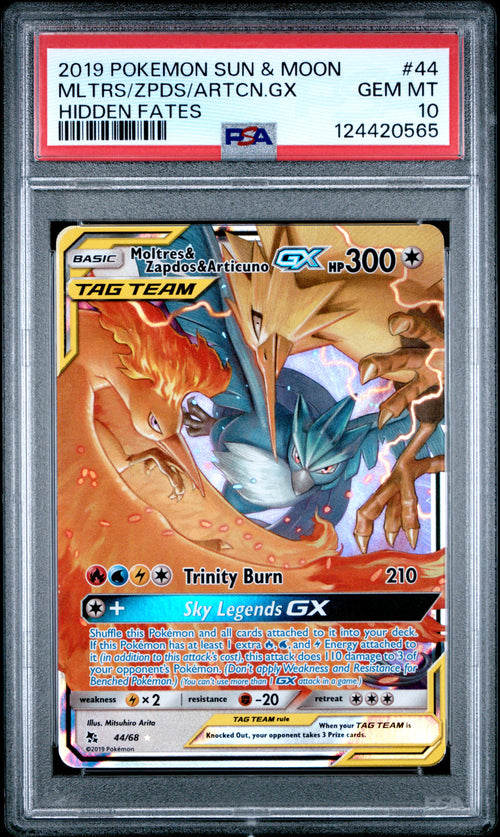 Moltres, Zapdos & Articuno gx #44 Hidden Fates Pokemon Sun & Moon 2019 PSA 10