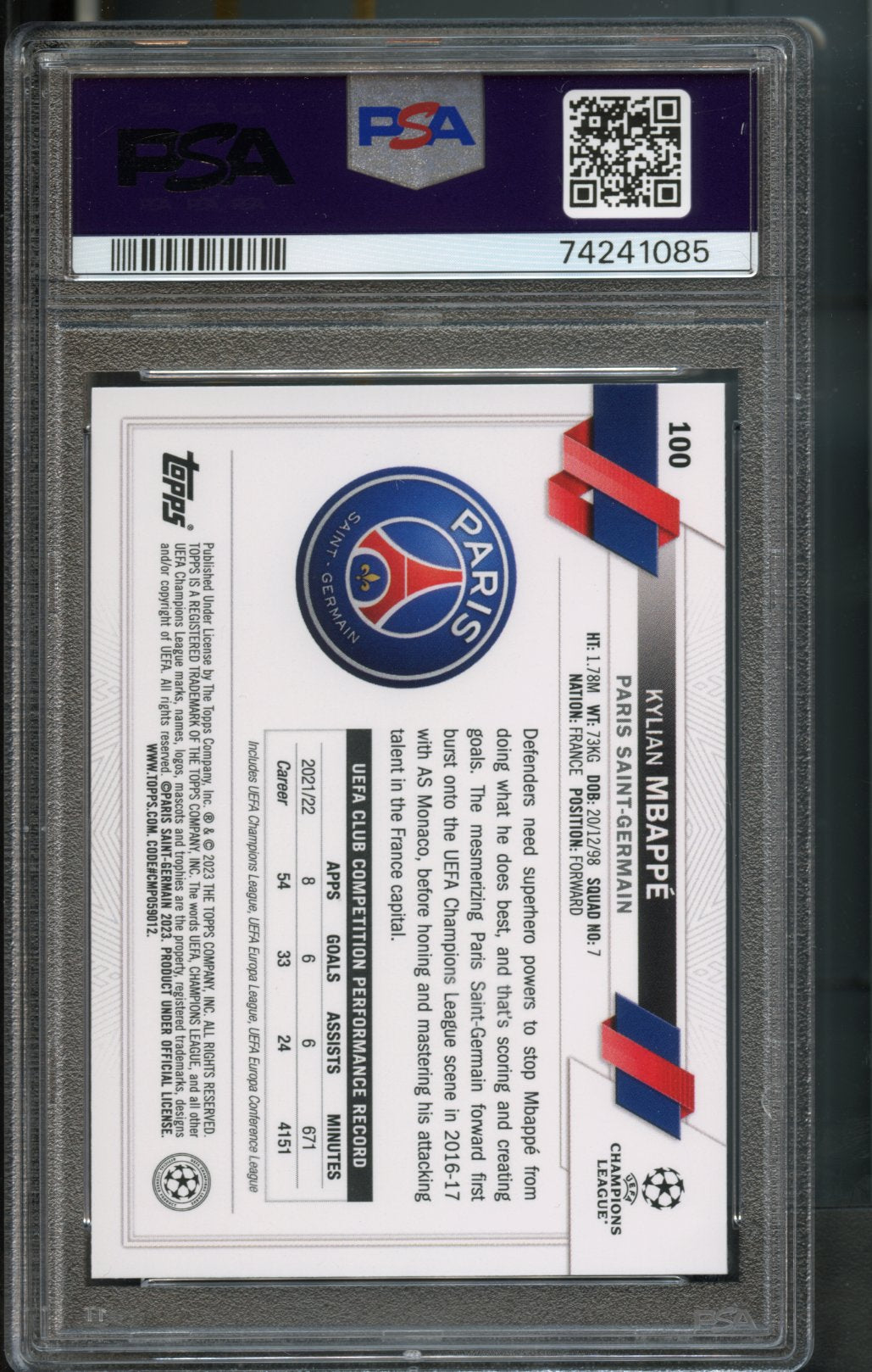 Kylian Mbappe #100 PSA 10 [2022-23 Topps UEFA Club Competitions 1st Edition]