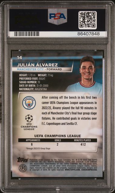 Julian Alvarez #14 Blue Prism PSA 9 [2022-23 Topps Stadium Club Chrome Uefa Club Competitions]