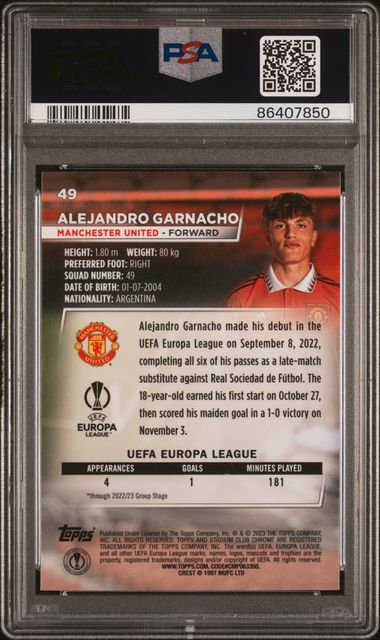 Alejandro Garnacho #49 Blue Prism PSA 10 [2022-23 Topps Chrome Uefa Club Competitions]