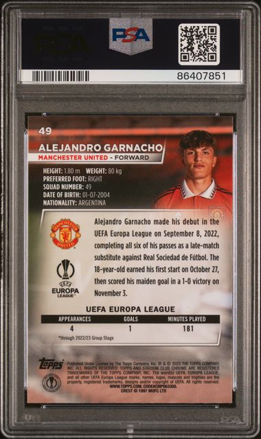 Alejandro Garnacho #49 Blue Prism PSA 10 [2022-23 Topps Chrome Uefa Club Competitions]