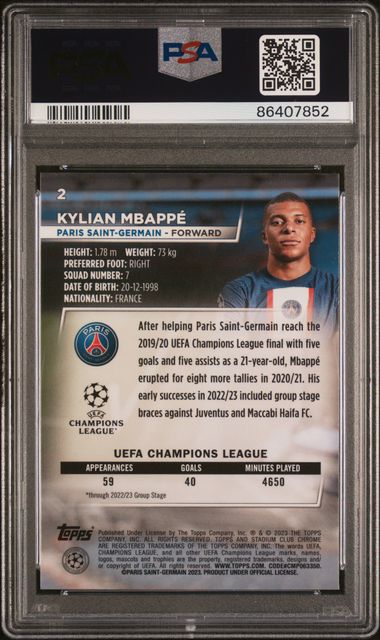 Kylian Mbappe #2 Blue Prism PSA 7 [2022-23 Topps Chrome Stadium Club Competitions]