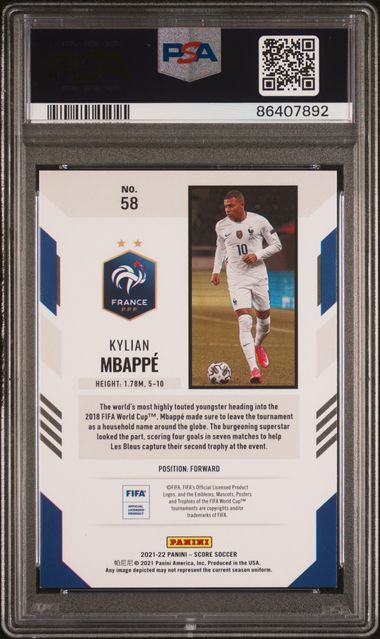 Kylian Mbappe #58 Purple Lasers /15 PSA 8 [2021 Panini Score Fifa]