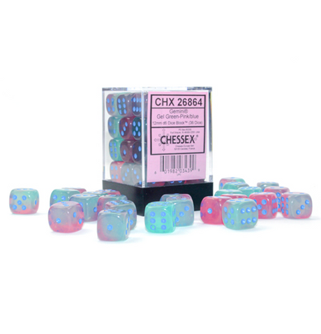 Gemini™ - 12mm d6 Gel Green-Pink/blue Luminary Dice Block