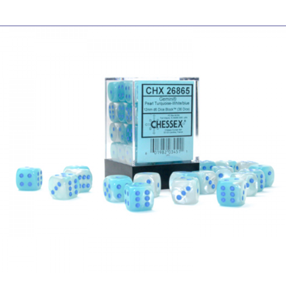 Gemini™ - 12mm d6 Pearl Turquoise-White/blue Luminary Dice Block