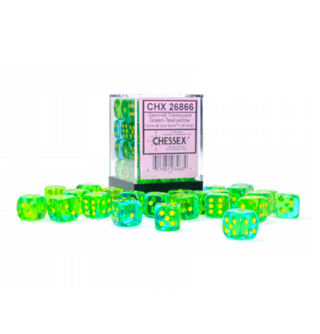 Gemini™ - 12mm d6 Translucent Green-Teal/yellow Dice Block