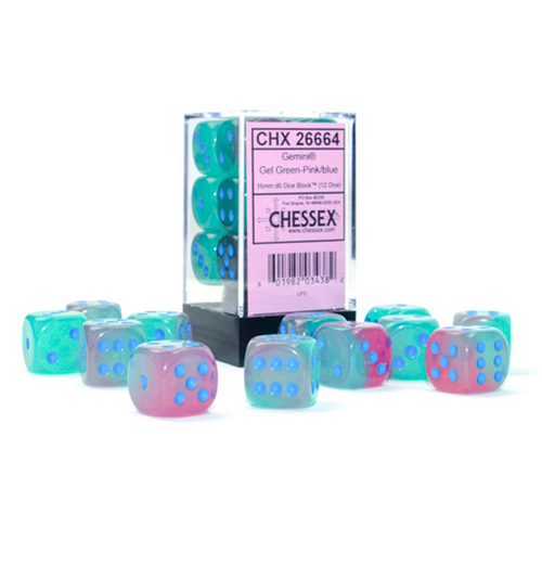 Gemini™ – 16 mm d6  Gel Green-Pink/blue Luminary Dice Block