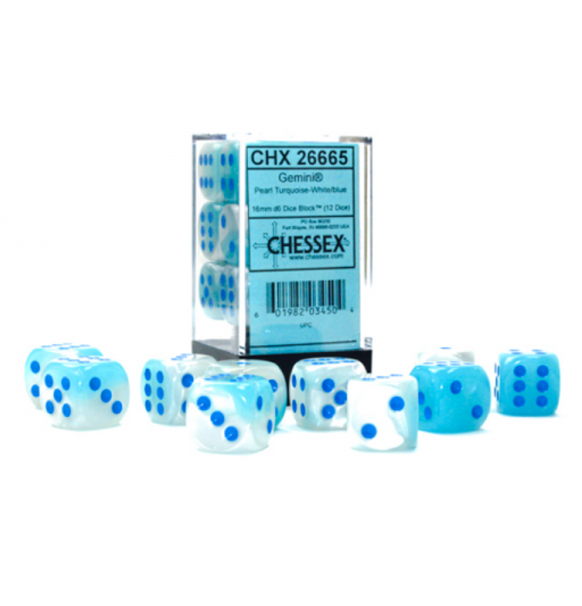 Gemini™ – 16 mm d6 Pearl Turquoise-White/blue Luminary Dice Block