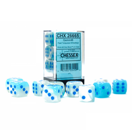 Gemini™ – 16 mm d6 Pearl Turquoise-White/blue Luminary Dice Block