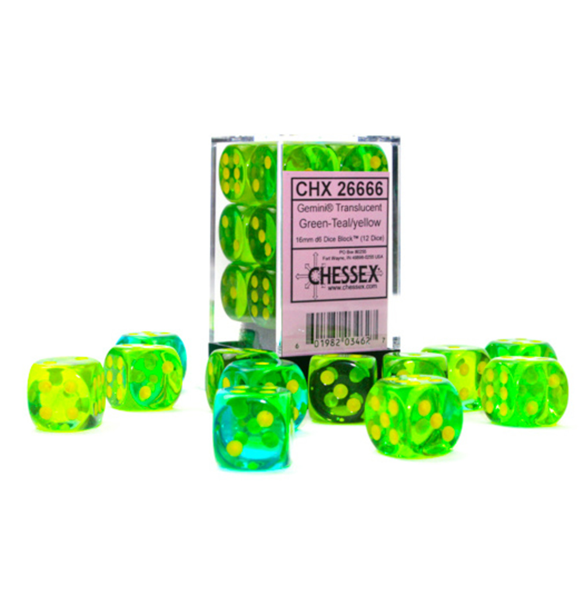 Gemini™ – 16mm d6 Translucent Green-Teal/yellow Dice Block