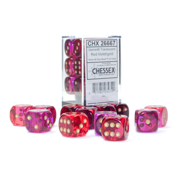 Gemini™ – 16mm d6 Translucent Red-Violet/gold Dice Block