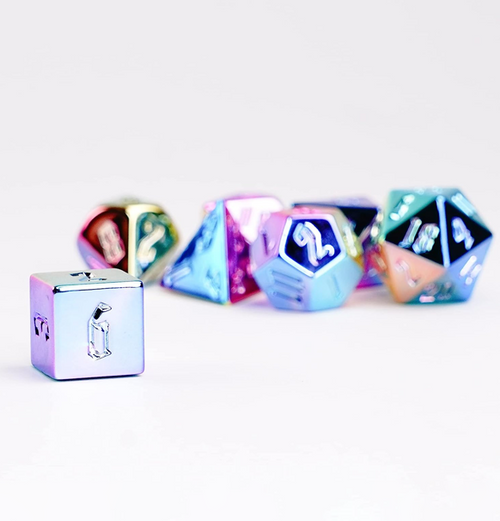 Aluminum Plated Polyhedral Dice Set - Rainbow Aegis w/ White Numbers (16mm)