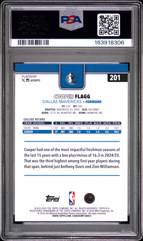Cooper Flagg #201 Topps 2025 PSA 9