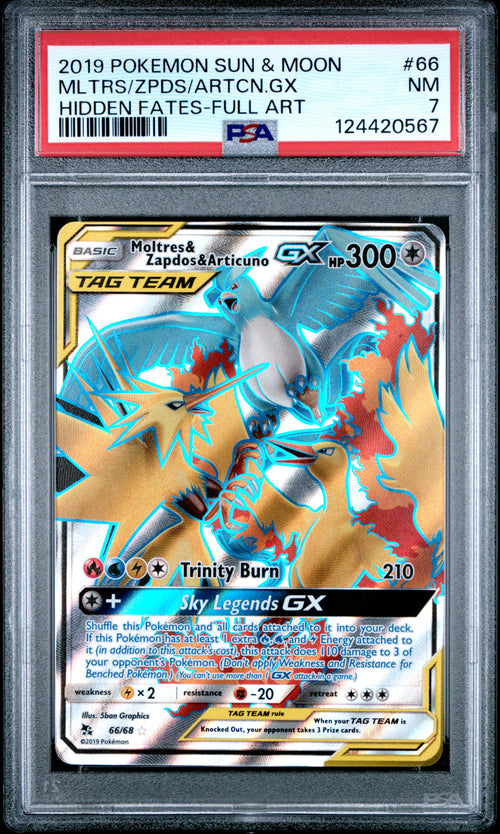 Moltres, Zapdos & Articuno gx #66 Hidden Fates-full Art Pokemon Sun & Moon Hidden Fates 2019 PSA 7