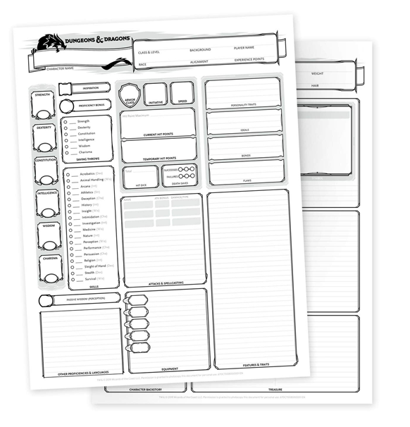 Dungeons & Dragons: 5th Ed. - Karakterark 24 stk (Character sheets)