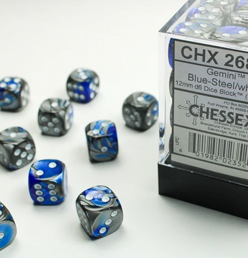 Gemini™ - 12mm d6 Blue-Steel w/white Dice Block