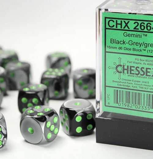 Gemini™ – 16mm d6 Black-Grey w/green Dice Block