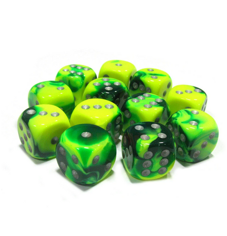 Gemini™ – 16mm d6 Green-Yellow w/silver Dice Block