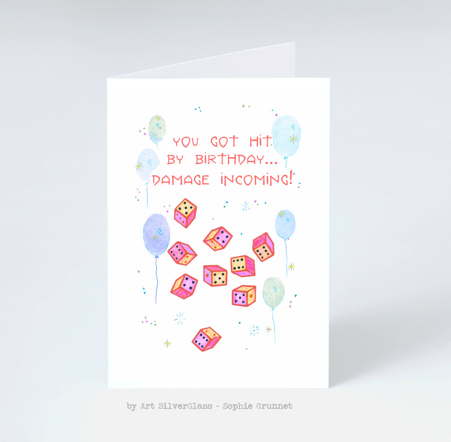 Fødselsdagskort: Birthday Damage (med kunvert)