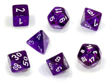 Translucent™ – Mini-Polyhedral Purple w/white 7-Die Set