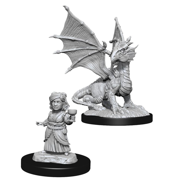 Nolzur's Marvelous Miniatures - Silver Dragon Wyrmling & Female Halfling