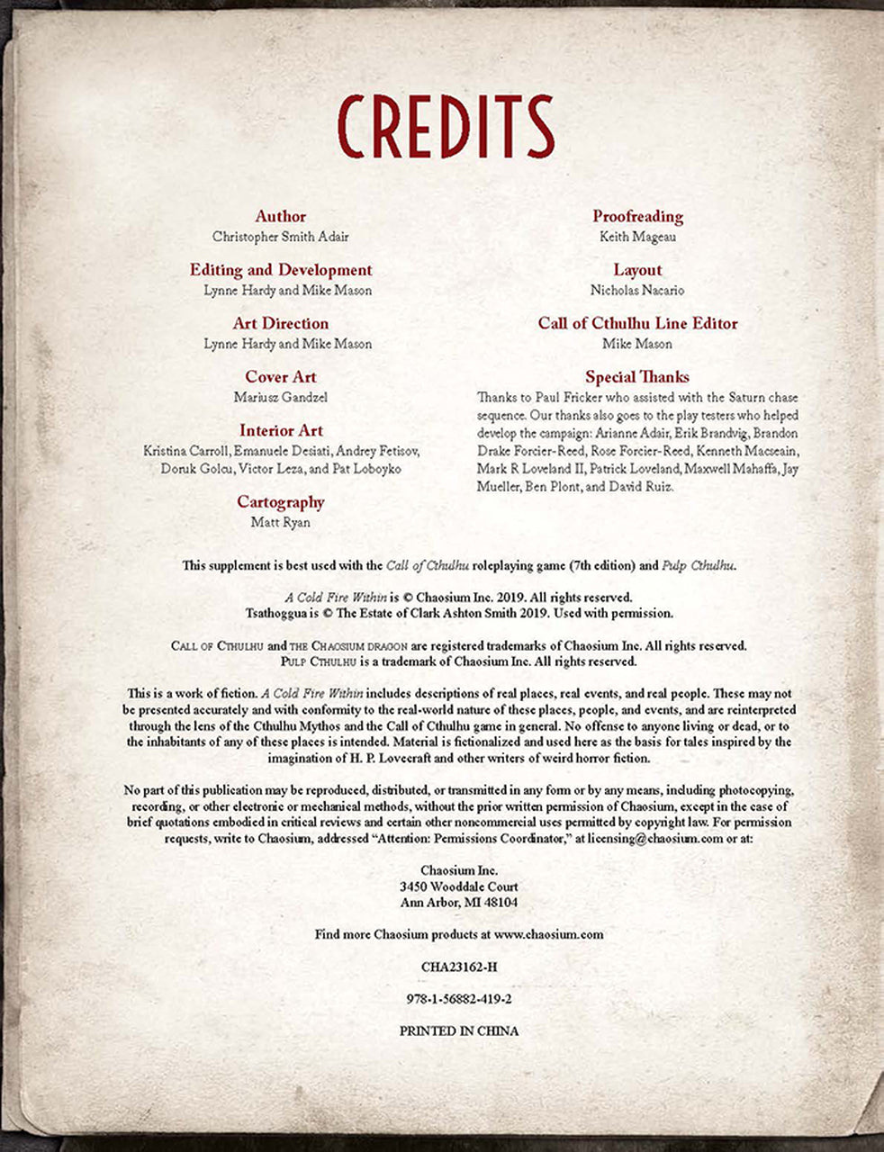 Call of Cthulhu RPG: A Cold Fire Within credits