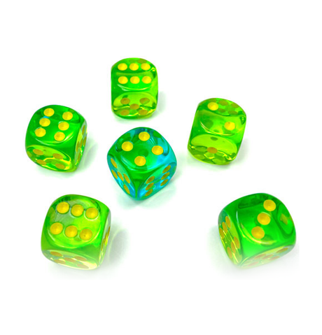 Gemini™ – 16mm d6 Translucent Green-Teal/yellow Dice Block indhold