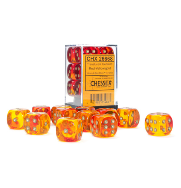 Gemini™ – 16mm d6 Translucent Red-Yellow/gold Dice Block forside