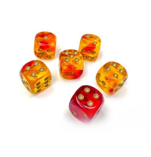 Gemini™ – 16mm d6 Translucent Red-Yellow/gold Dice Block indhold