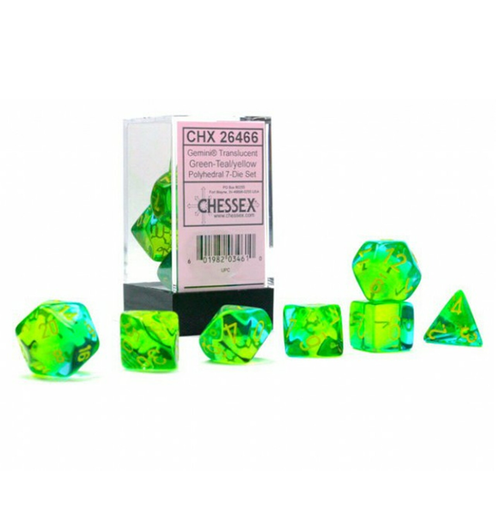 Gemini - Polyhedral Translucent Green-Teal/yellow 7-Die Set indhold