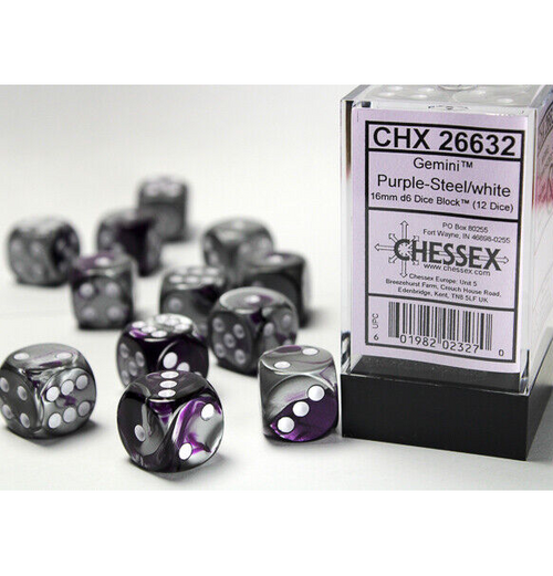 Gemini™ - 12mm d6 Purple-Steel w/white Dice Block indhold