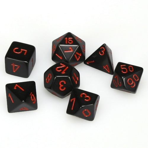Opaque – Polyhedral Black w/red 7-Die Set indhold