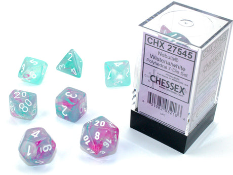 Nebula – Polyhedral Wisteria/White Luminary 7-Die Set indhold