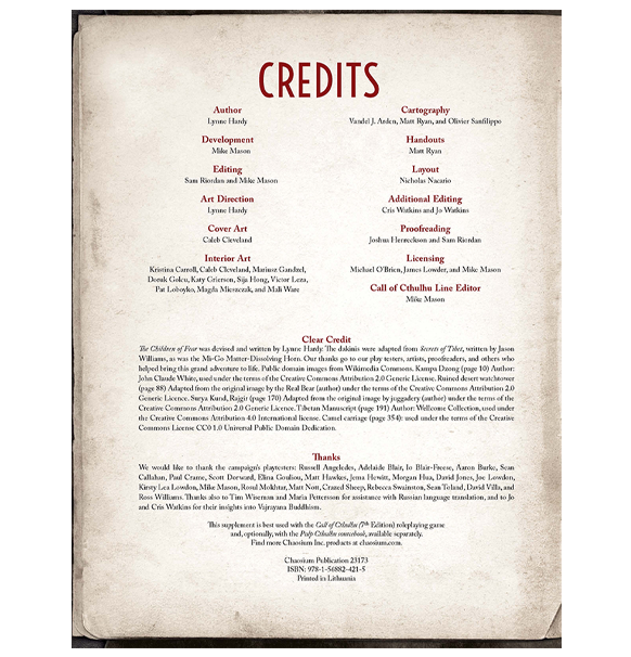 Call of Cthulhu RPG: The Children of Fear credits