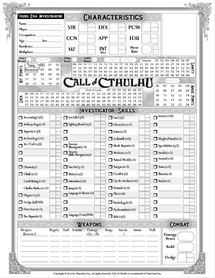 Call of Cthulhu RPG Character sheet P1