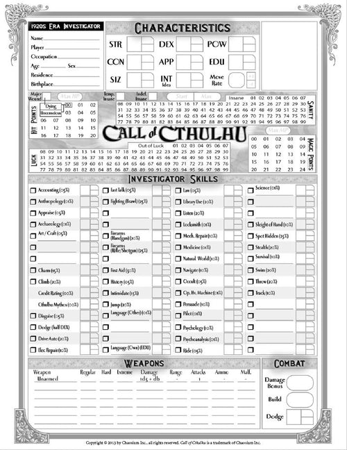 Call of Cthulhu RPG Character sheet P1