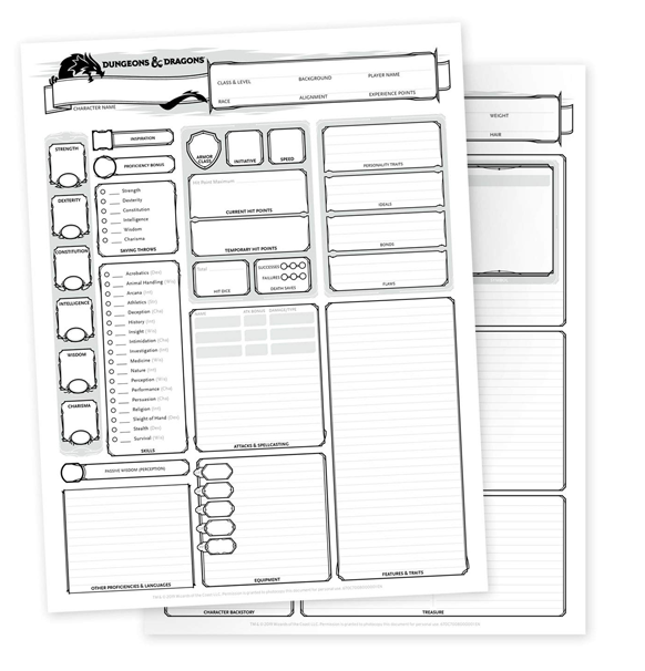 Dungeons & Dragons Karakterark 24 stk (Character sheets)