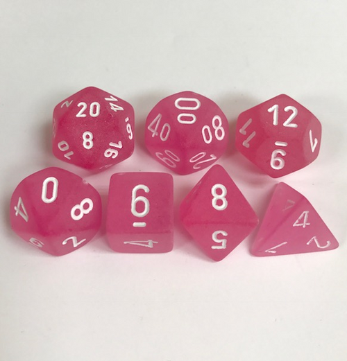 Frosted™ – Polyhedral Pink w/white 7-Die Set indhold