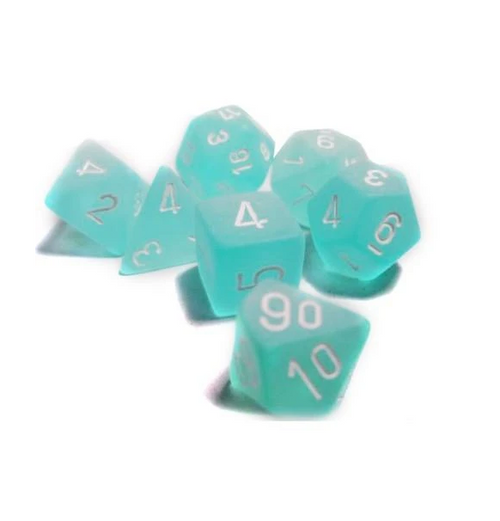 Frosted™ – Polyhedral Teal w/white 7-Die Set indhold