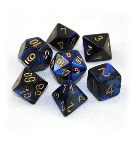 Gemini Polyhedral Black-Blue w/gold 7-Die Set indhold