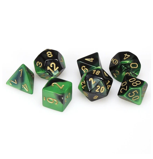 Gemini Polyhedral Black-Green w/gold 7-Die Set