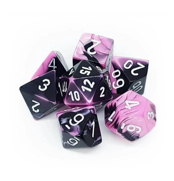 Gemini™ – Polyhedral Black-Pink w/white 7-Die Set indhold